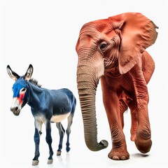 Illustrated caricature red elephant with a blue donkey