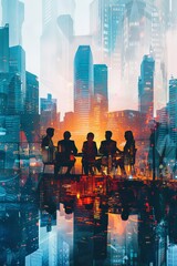 Silhouetted Business Meeting in Modern Cityscape at Sunset with Double Exposure Effect, High-Rise Buildings, and Urban Skyline, Reflecting the Dynamic and Innovative Spirit of Corporate Collaboration