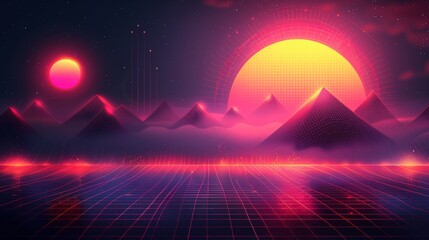 Digital retro landscape 1980's style retro wave sunset and mountain. Futuristic cyber surface. 80s Retro Sci-Fi background. View illustration in retro futuristic in the style of the 80-90s.