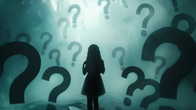A silhouette of a girl looking at question marks in an abstract space