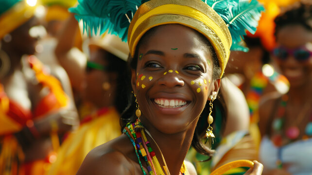 street parties and parades commemorating Caribbean Carnival with candid shots of revelers in colorful costumes dancing to the rhythm of steel drums and soca music
