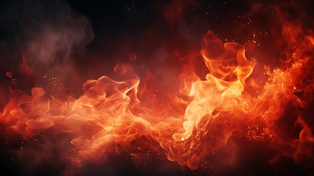 Burning flames and sparks, framing red backdrop, vibrant fire effect, dramatic and intense