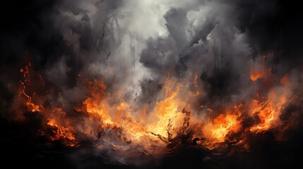 Charcoal with flames and smoke, top and bottom edges, white background, bright fire, dramatic and intense look