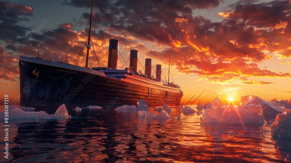 Wall mural the titanic ship before it sank, ice islands around ship, sunset at sea - Wall murals