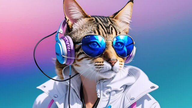 Fashionable cat in headphones and blue sunglasses, humanized animals.