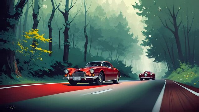 Red vintage car driving in the forest, watercolor paint stains, texture.