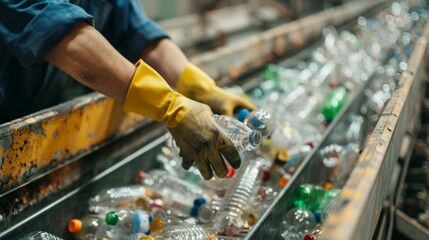 Close-up of gloved hands of a waste sorter. The concept of sorting and recycling rubbish