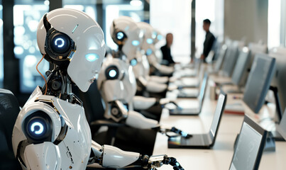 Fototapeta premium Robots work on computers in a call center. Artificial intelligence and automation concept, job loss in office.