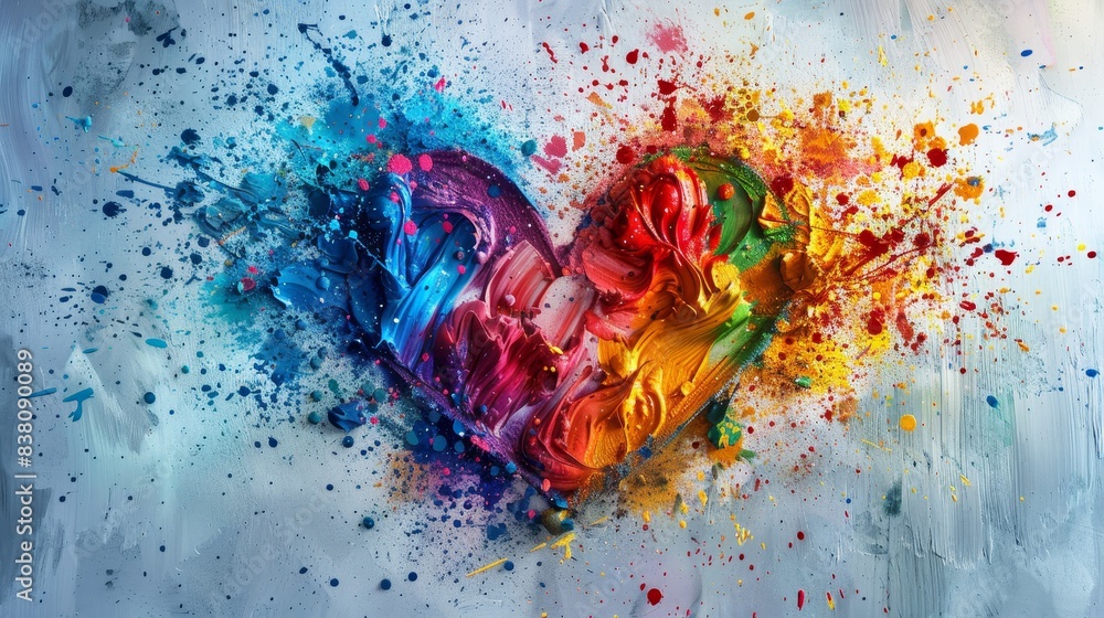 Poster a creative composition showcasing a multitude of colorful paint splashes forming an intricate heart 