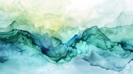 An abstract watercolor painting inspired by nature, featuring soft green and blue tones that blend seamlessly to evoke a sense of peace and natural beauty