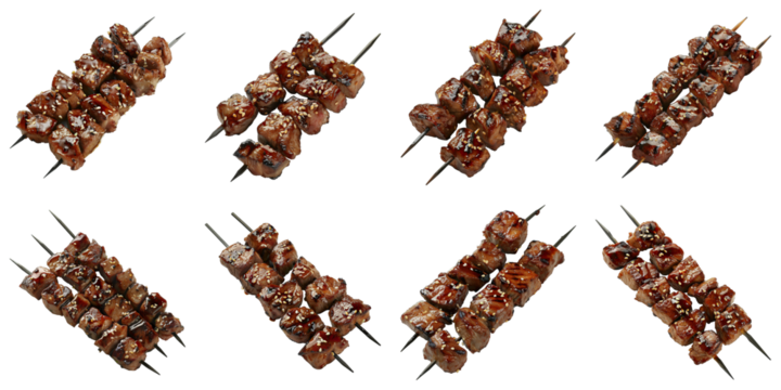 Collection of Teriyaki Steak Kabobs isolated on transparent png background. Generative ai