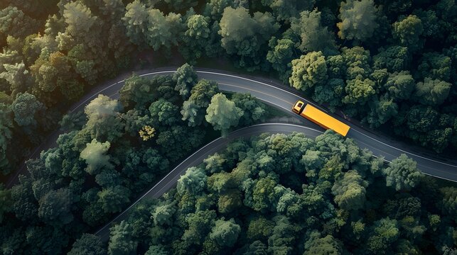 Arial view of heavy truck on a narrow twisting road.