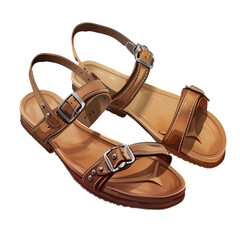 Brown Leather Sandals With Buckles, Isolated on a Transparent Background, Graphic Resource