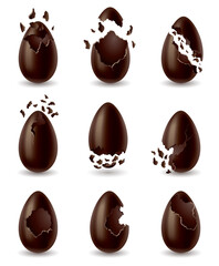 Chocolate egg set. Broken, exploded eggshell. Kids confectionery, candy with surprise. Restaurant, cafe menu design. Vector dessert made of dark cocoa