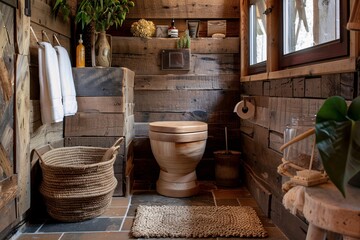 A cozy, rustic bathroom with a wooden composting toilet. The toilet is crafted from reclaimed wood, giving it a natural, earthy look. It sits on a stone tile floor, surrounded by walls made of