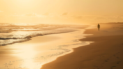 A lone figure walking along an empty beach at sunrise