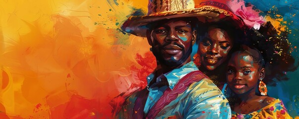 Fototapeta premium African American family in traditional attire celebrating Juneteenth, vibrant colors, festive atmosphere, digital painting, detailed faces and joyful expressions