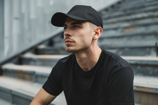 guy with a black baseball cap and a black t-shirt, Generative AI.