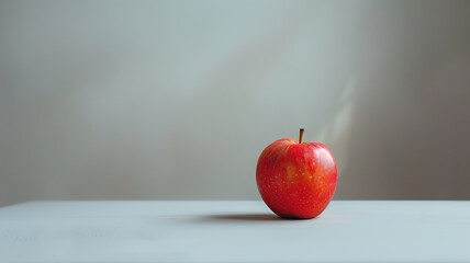 A single vibrant red apple placed on a plain white table