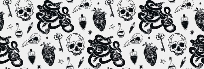 Seamless pattern. Vector illustration. Alchemical elements. Mystical pattern. Gothic ornament. Halloween pattern. hand drawn magical illustrations. Graphic background in vintage style.