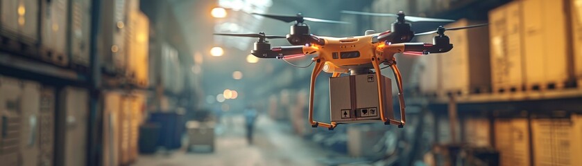 Drone Delivering Package in Industrial Warehouse with Illuminated Background and Stacked Containers