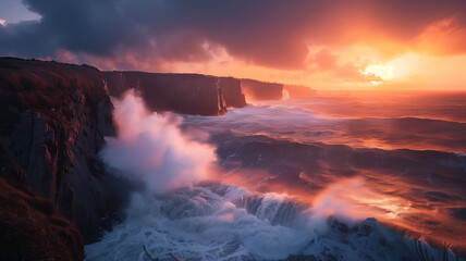 A dramatic seascape at dusk, with powerful waves crashing against rugged cliffs and the sky painted...