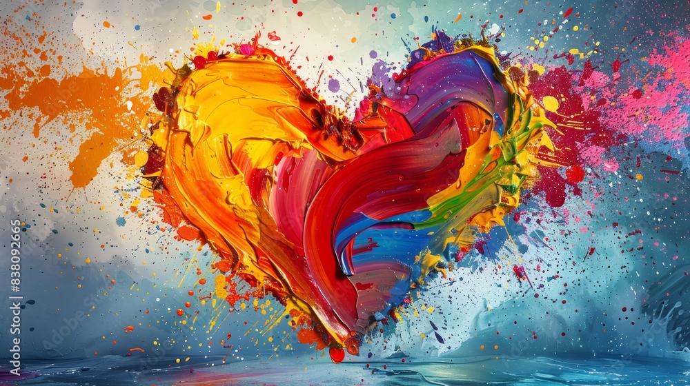 Poster an abstract representation featuring a plethora of colorful paint splashes forming a heart shape