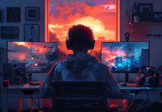 Gaming, a gamer sitting in front of his multiple screen, headphones on, playing video games, anime style, comic style, manga style, 4K