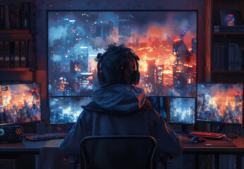 Gaming, a gamer sitting in front of his multiple screen, headphones on, playing video games, anime style, comic style, manga style, 4K
