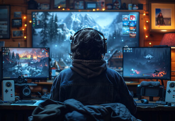 Gaming, a gamer sitting in front of his multiple screen, headphones on, playing video games, anime style, comic style, manga style, 4K