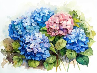 Watercolor painting of vibrant blue and pink hydrangea flowers with lush green leaves on a light background, showcasing nature's beauty.