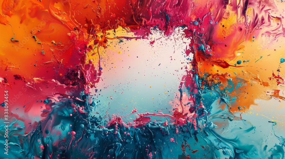 Poster an imaginative composition of paint splashes shaped into a stylish square, duplication