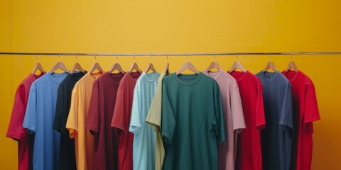 Obraz premium Row of t-shirts of different colors, simple bright background, clothing, simplicity, summer, decoration, fashion item, marketing background, uniqueness, individual independent existence, multiracial 