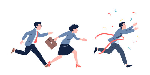 Businessman crossing finish line. Corporate competition winner, success full victory. Office people race on work, motivation leader recent vector scene