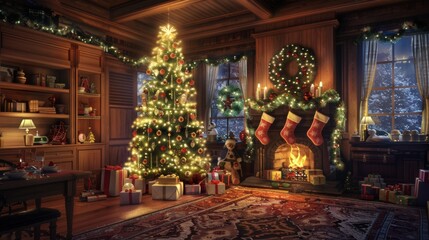 Fototapeta premium Interior christmas. magic glowing tree, fireplace, gifts.