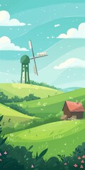 Cute cartoon vector style landscape background with a windmill and farm, a simple flat illustration in the style of minimalism with a simple design, a green grass field with simple clouds in the sky a