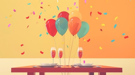 An illustration in 2D flat style depicting a balloon centerpiece on a dining table at a party. The minimalist scene highlights the elegance and charm added by the balloon arrangement.