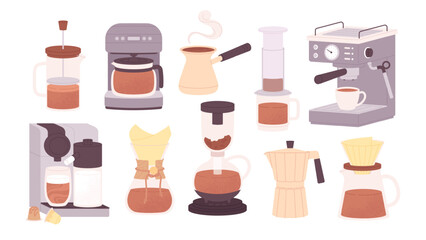 Coffee makers. French press filter and capsules. Espresso machine and cezve. Cafe or bakery equipment for morning energy hot drinks, racy vector set