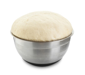 Raw dough in metal bowl isolated on white