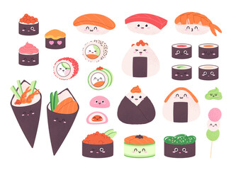 Sushi characters. Cute onigiri and rolls, funny faces traditional asian food. Positive childish character, snacks from rice and seafood racy vector set