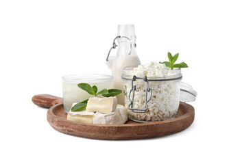 Different dairy products and mint isolated on white