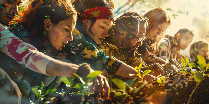 Eco-Warriors: A group of people from various ages and backgrounds unite, each adorned in eco-friendly apparel, planting trees and working together to protect the environment