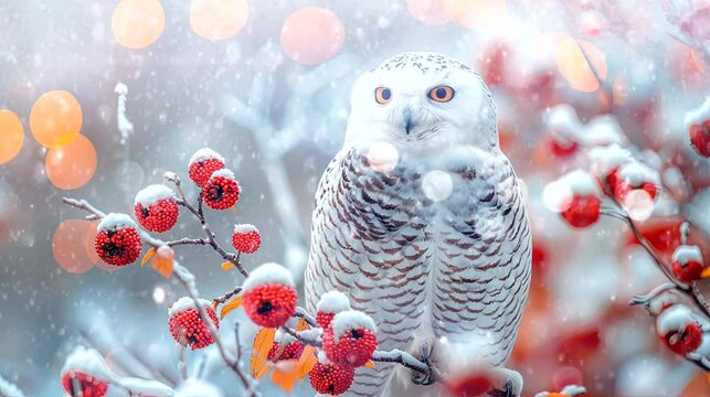 white owl  Christmas. Background in white snow with landscape home Christmas red and yellow tones. seamless looping time-lapse virtual 4k video animation