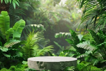 Concrete podium tabletop floor in outdoor tropical garden forest blurred green leaf plant nature background.Natural product placement pedestal stand display. generative ai.