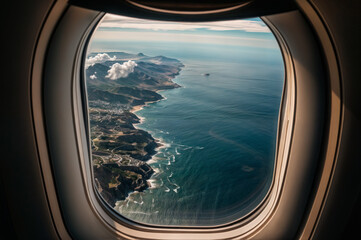 View from the airplane window to the beach and sea, ocean. Flying on an airplane. Organizing your holiday travel