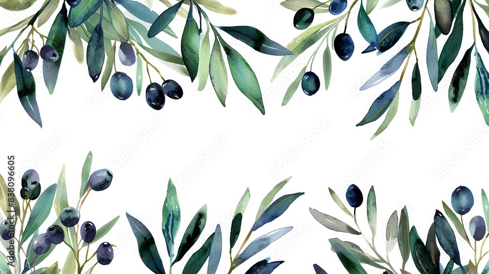 Poster a watercolor flat design background featuring soft eucalyptus leaves, arranged to create a border wi