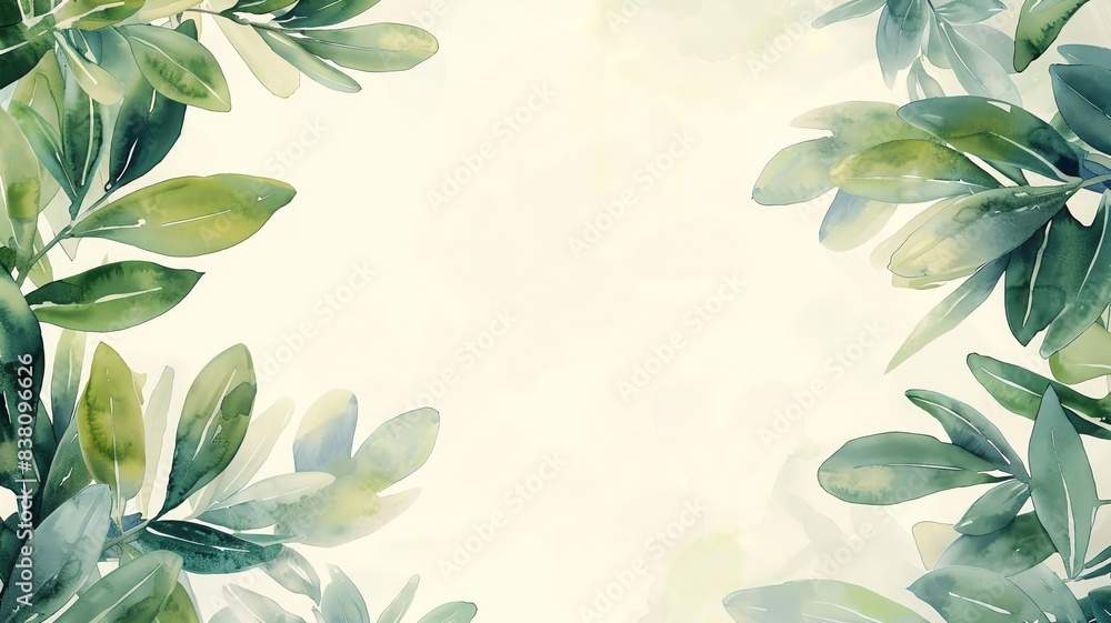 Poster a watercolor background with overlapping olive leaves creating a soft border, leaving a clear space 