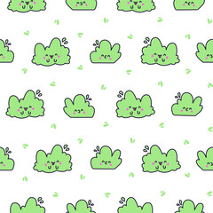 Kawaii cute lawn bush. Seamless pattern. Cartoon plant grass character. Hand drawn style. Vector drawing. Design ornaments.