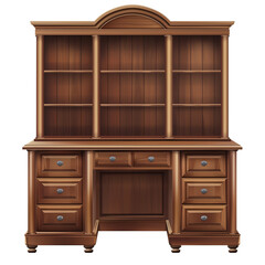 Wooden Hutch Desk With Multiple Drawers and Shelves, Isolated on a Transparent Background, Graphic Resource