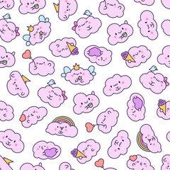 Cute and kawaii cloud. Seamless pattern. Cartoon weather character. Hand drawn style. Vector drawing. Design ornaments.